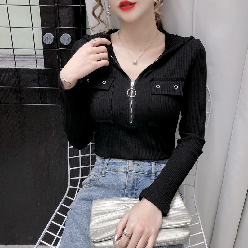 Áo thun có nón tay dài cổ chữ V có khóa kéo 95% cotton thời trang mùa xuân quyến rũ cho nữ 2021