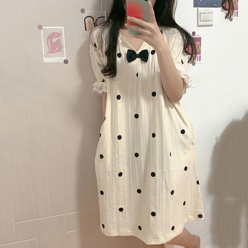 Đồ ngủ Tay Ngắn Dáng Dài Phối Ren Đính Nơ Phong Cách Hàn Quốc Thời Trang Mùa Hè Cho Nữ