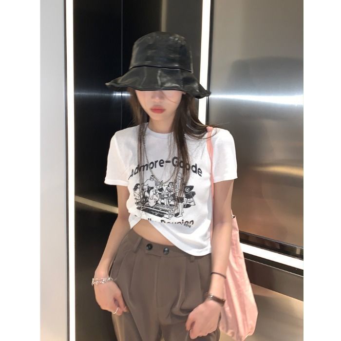 Áo Thun Croptop Tay Ngắn Dáng Ôm In Họa Tiết Kiểu Retro Dễ Thương