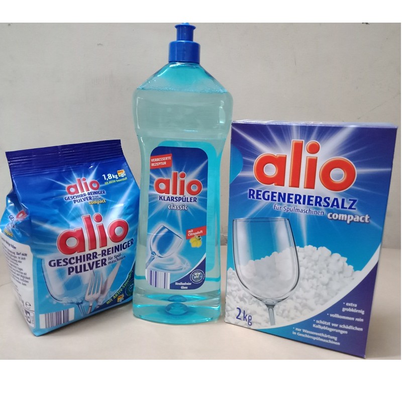 Bộ sản phẩm chuyên dùng cho máy rửa chén bát Bột Alio 1,8 kg , Muối Alio 2 kg và nước làm bóng 1000ml