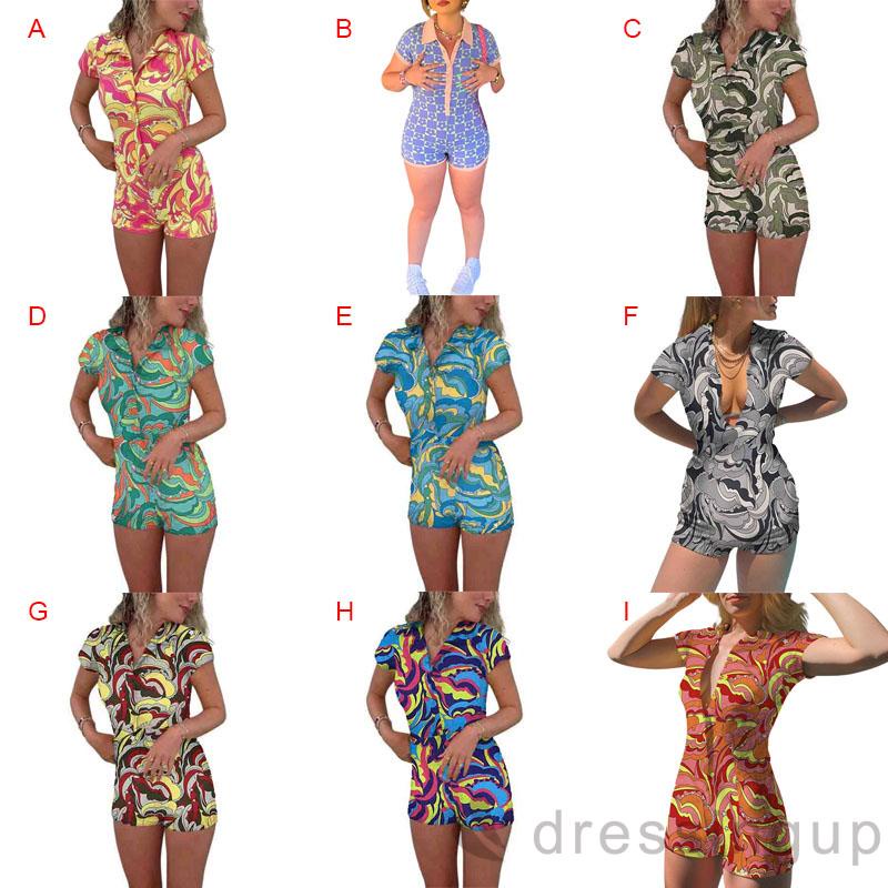 Áo liền quần ngắn tay cổ bẻ in họa tiết thời trang mùa hè cho nữ