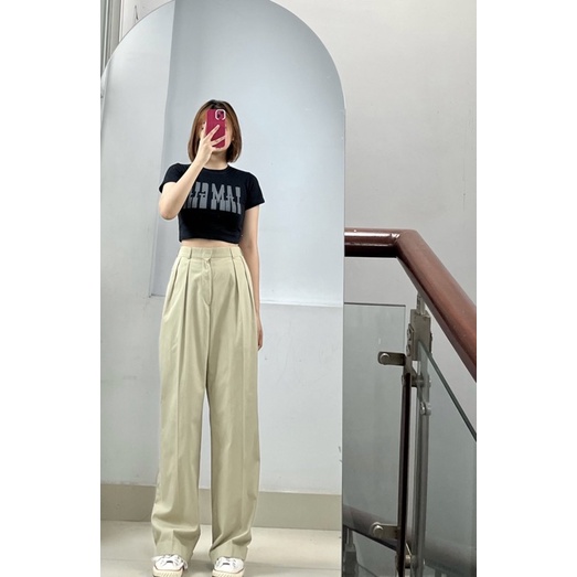 Set áo croptop tay ngắn nữ và quần kaki ống rộng xắn lai màu be vintage thời trang cao cấp