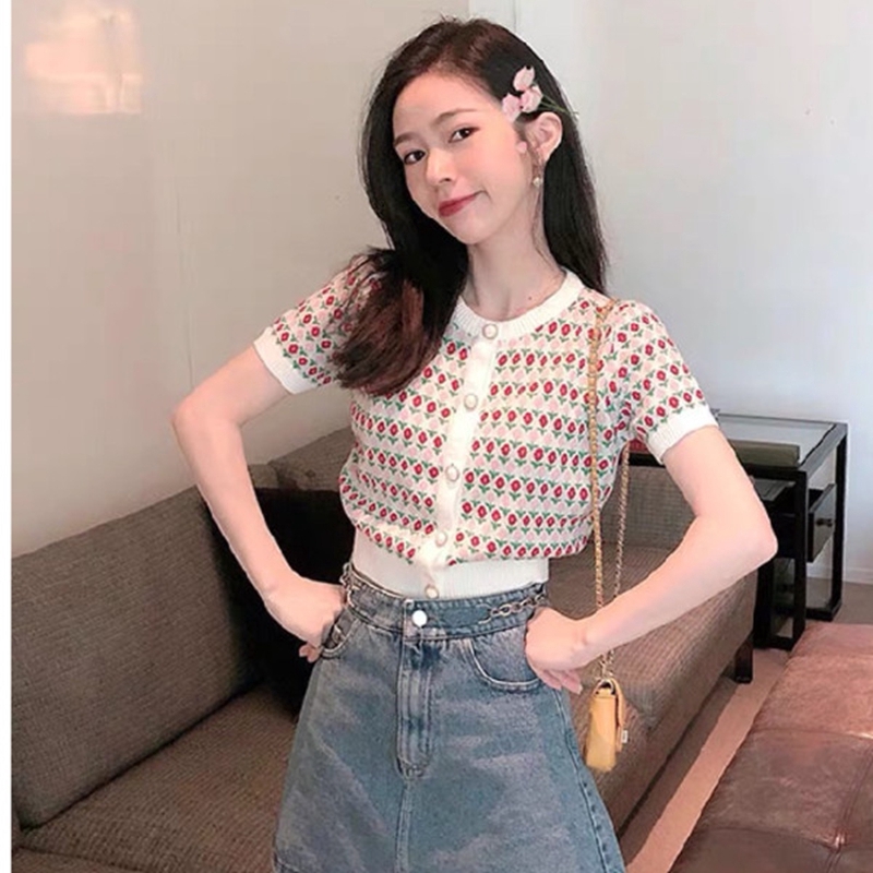 Áo Thun Ngắn Tay Họa Tiết Hoa Xinh Xắn Theo Phong Cách Hàn Quốc Cổ Điển Dành Cho Nữ