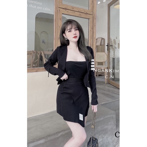 Set len Thom áo mũ chân váy vạt chéo năng động