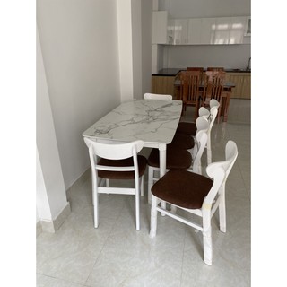 Bộ bàn ăn 6 ghế cao cấp (Bàn gỗ HDF sơn giả đá, ghế gỗ bọc nệm)