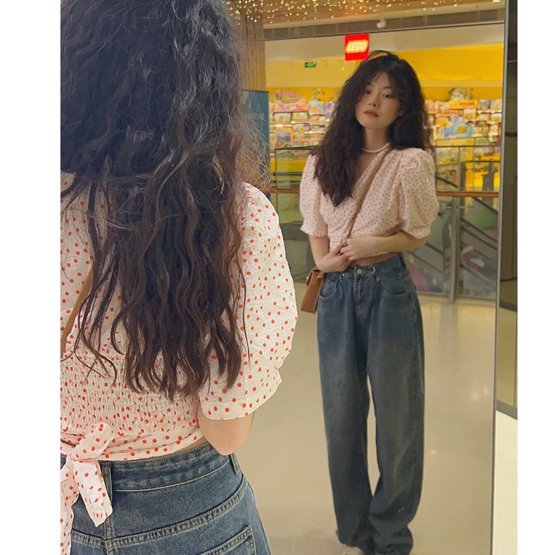 Áo Sơ Mi Ngắn Tay Phồng Cổ Chữ V Ôm Eo Phong Cách Retro Phương Tây Thời Trang Mùa Hè Dành Cho Nữ