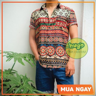 Áo sơ mi thổ cẩm  lụa cát họa tiết đi biển 🌈FREESHIP🌈 áo nam chất đẹp ngắn tay - họa tiết thổ cẩm phom vừa - Hugo Shop