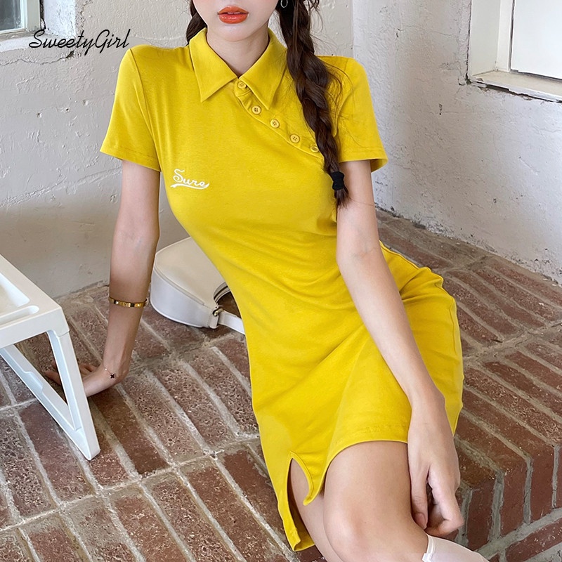 Đầm Ôm Tay Ngắn Cổ Polo Thêu Chữ Thời Trang Dành Cho Nữ