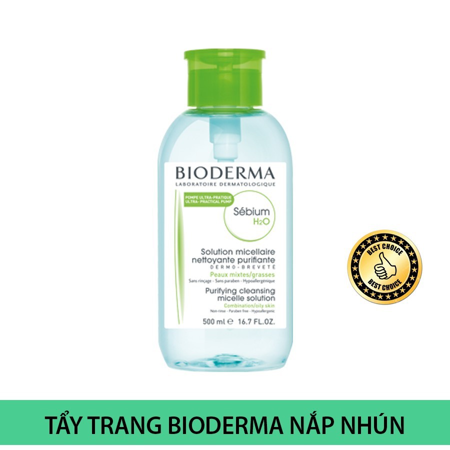 Nước tẩy trang Bioderma Sensibio Sebium Créaline H2O 500ml Pháp chính h ãng xanh hồng - Nắp nhấn