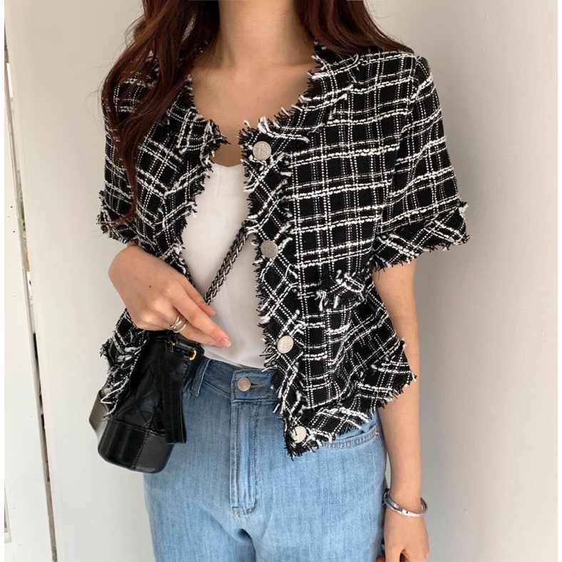 Áo dạ tweed ngắn tay xuân hè hoạ tiết đen trắng kẻ sọc caro áo khoác croptop cổ tròn tua rua cúc