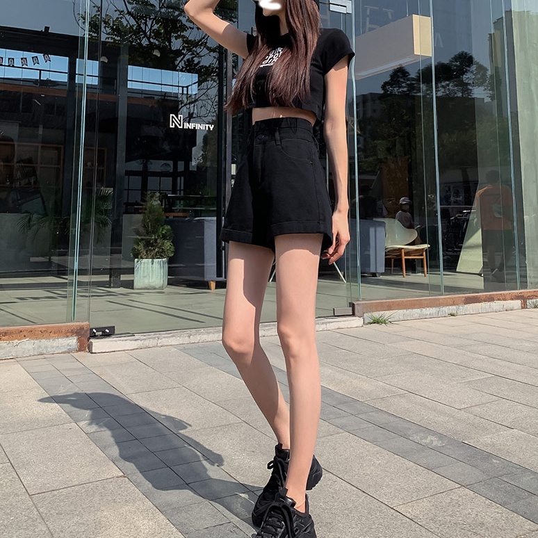 Quần Short Denim Lưng Cao Ống Rộng Theo Phong Cách Retro Hàn Quốc