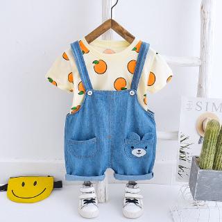 Set áo thun tay ngắn in trái cam và quần yếm denim cho bé trai 0-6 tuổi