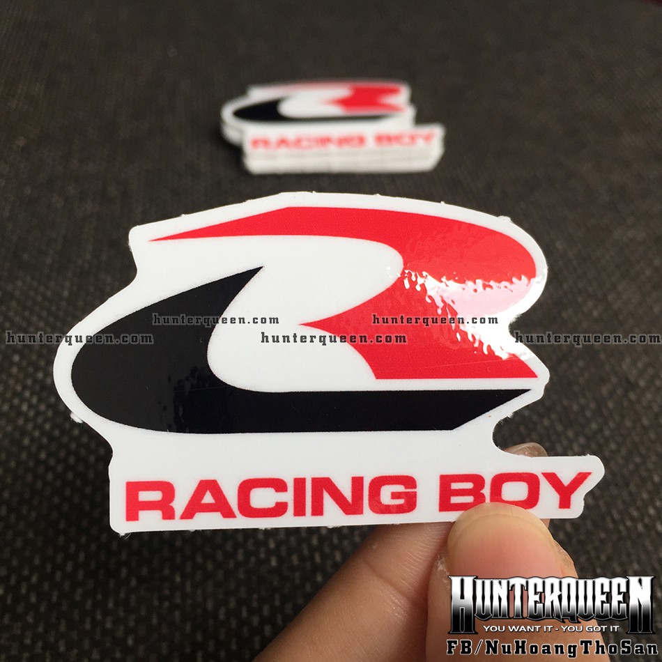 Bộ 2 logo racing boy đỏ đen [6.2x3.8cm]. Sticker in theo yêu cầu. Hình dán xe máy, laptop