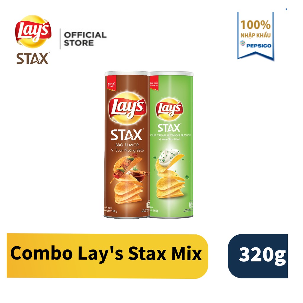 Combo 2 Bánh snack khoai tây miếng Lay's Stax Mix vị 160g: Kem chua hành và Sườn nướng BBQ