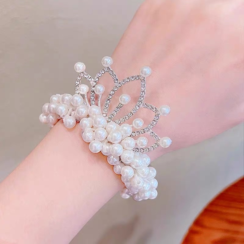 Dây buộc tóc hình vương miệng đính đá phối ngọc - Búi tóc cho bé đáng yêu