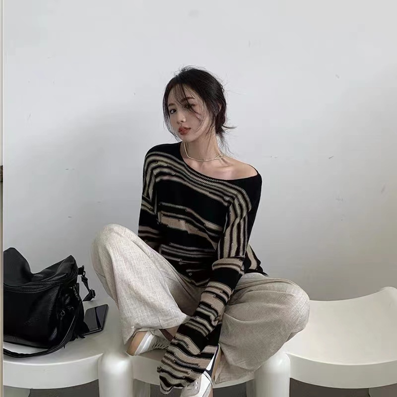 Áo Dệt Kim Tay Dài Dáng Rộng Kẻ Sọc Ngựa Vằn Thời Trang 2022 Cho Nữ