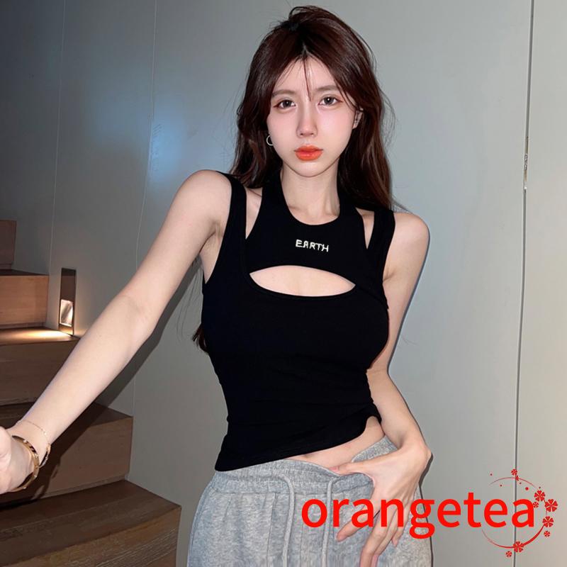 ORT-Women Camisole, Halterneck Backless Hollowed Letters Print Slim Fit Summer Fake 2-piece Tops
