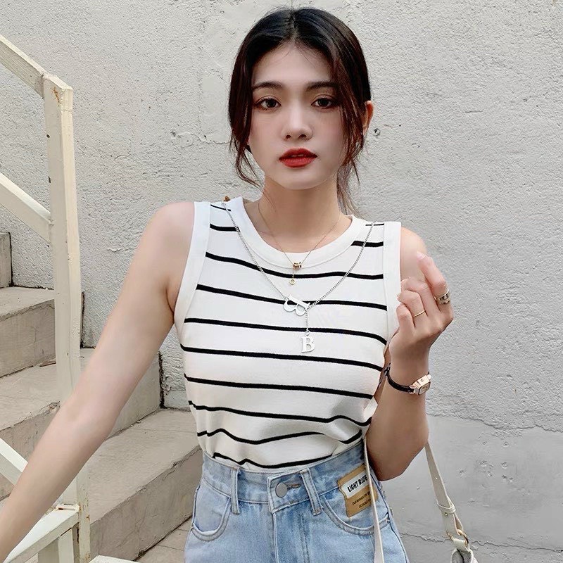 [L2M] Áo len dệt kim Montoghi Quảng Châu ba lỗ KẺ SỌC dáng vừa TẶNG KÈM VÒNG CỔ CHỮ B cực chất