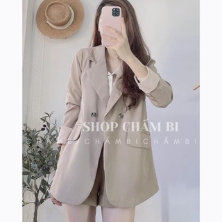 Áo khoác nữ dài tay A.244, Áo blazer nữ cổ vest tay sắn gấu pha lót be cách điệu ngọt ngào - Chấm Bi Shop