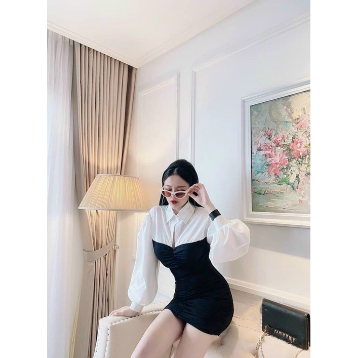 Đầm body đen phối sơ mi siêu sang chảnh thanh lịch dành cho các chị em đi dự tiệc đi dạo phố