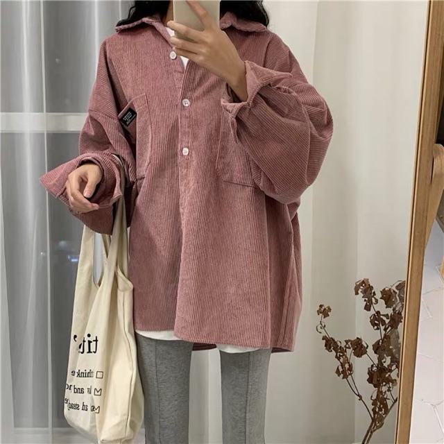 Sơ mi nhung oversize có túi (Sẵn hồng thanh lí, áo bị lỗi)