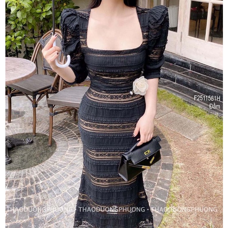 Đầm maxi ren ôm body đuôi cá có lót cổ vuông tay lỡ!