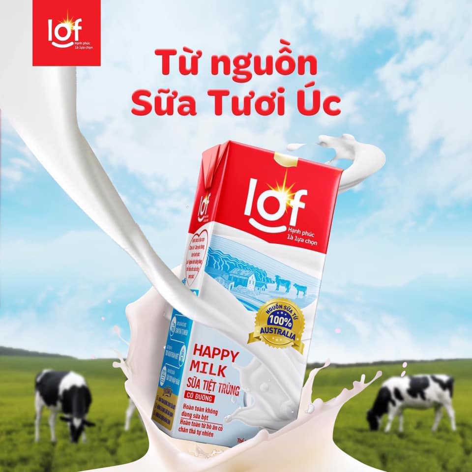 THÙNG 48 HỘP SỮA TIỆT TRÙNG LOF HAPPY MILK CÓ ĐƯỜNG 180ML