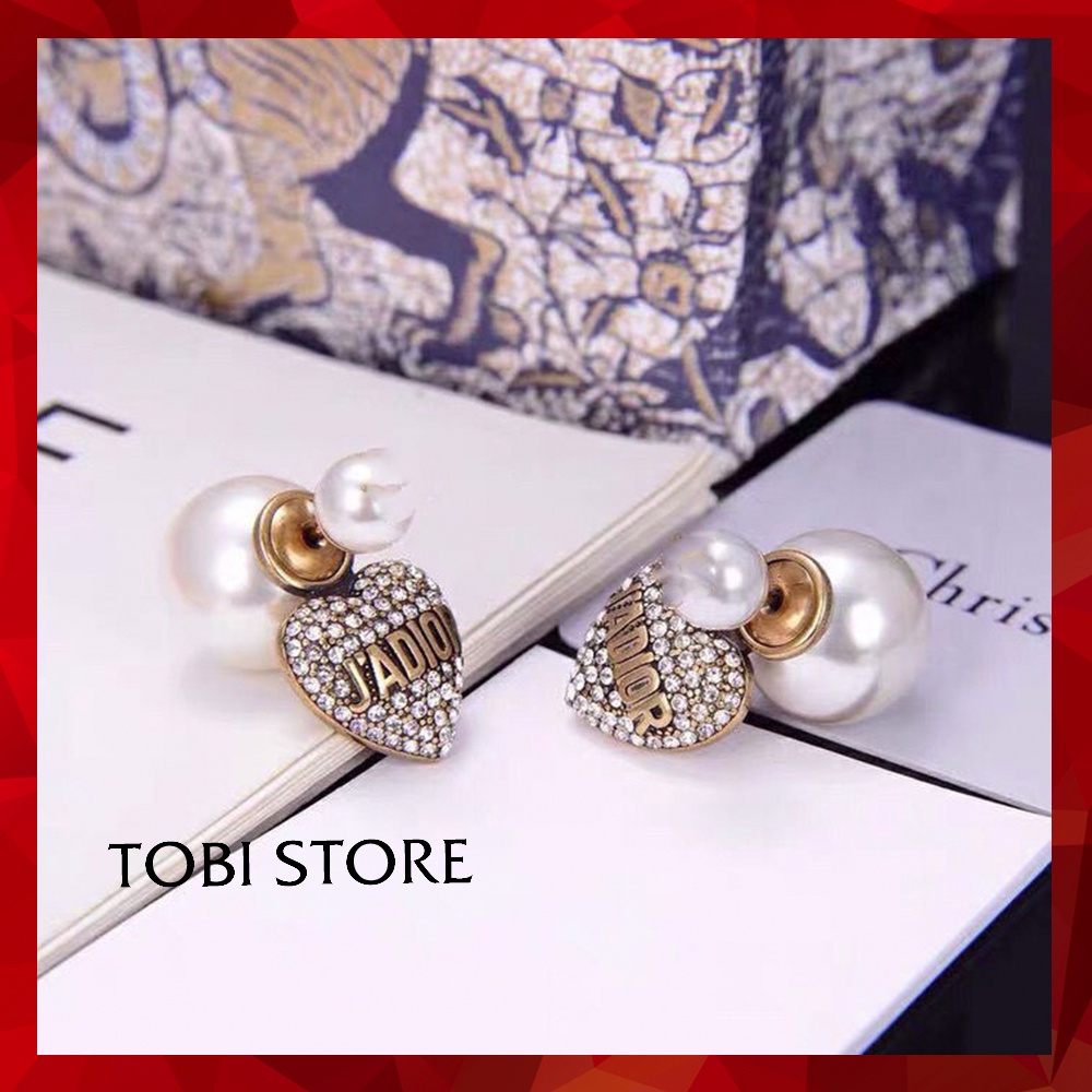 Bông tai nữ thương hiệu D ngọc trai nhân tạo gắn trái tim mặt chữ TB502