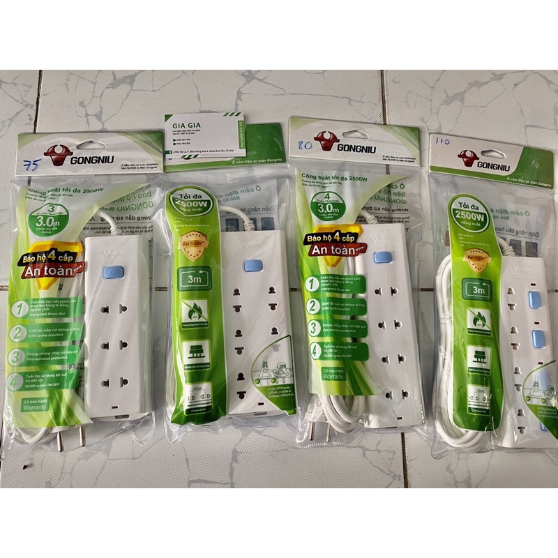 Ổ Cắm Điện Gongniu- Bảo hành 3 năm - Dây Dài 3m 2500W/10A (V1060) - Chính Hãng - Bảo hành 3 năm