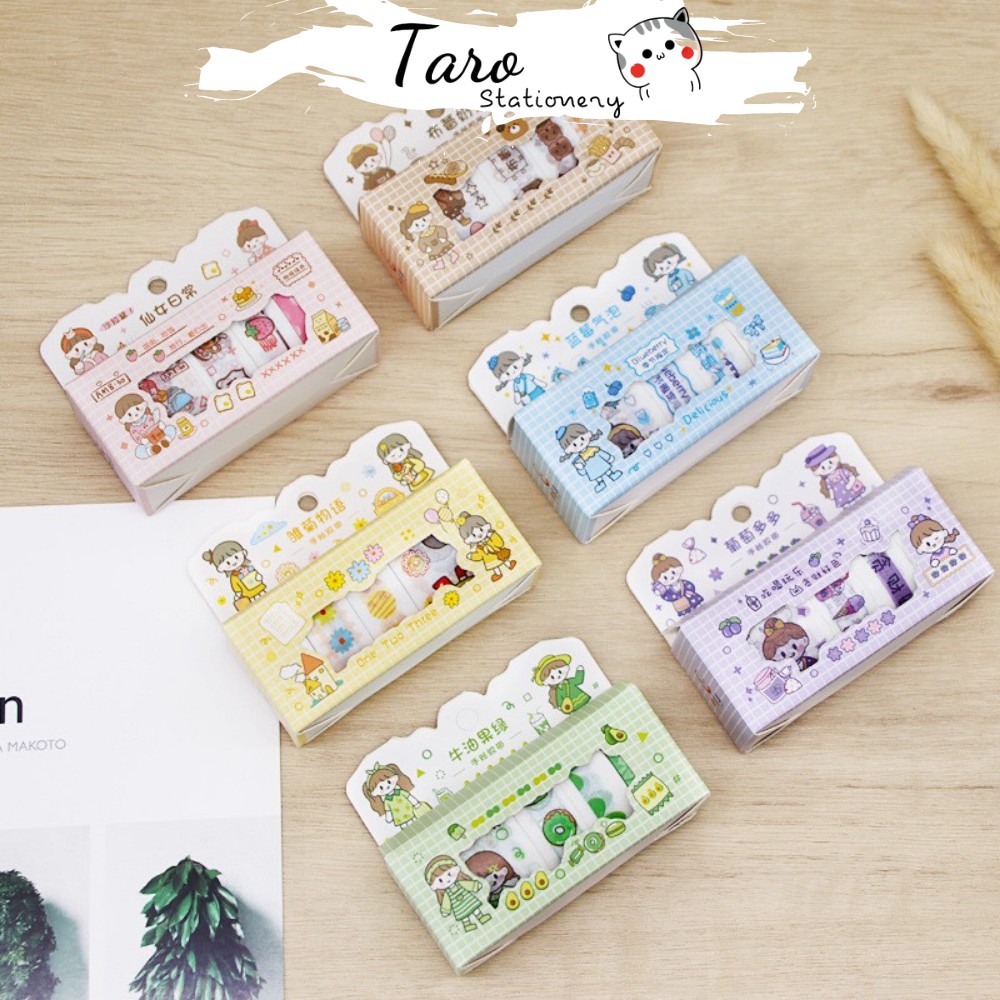 Hộp washi tape 5 cuộn băng dính W01 nhiều màu in họa tiết cute Taro Stationery