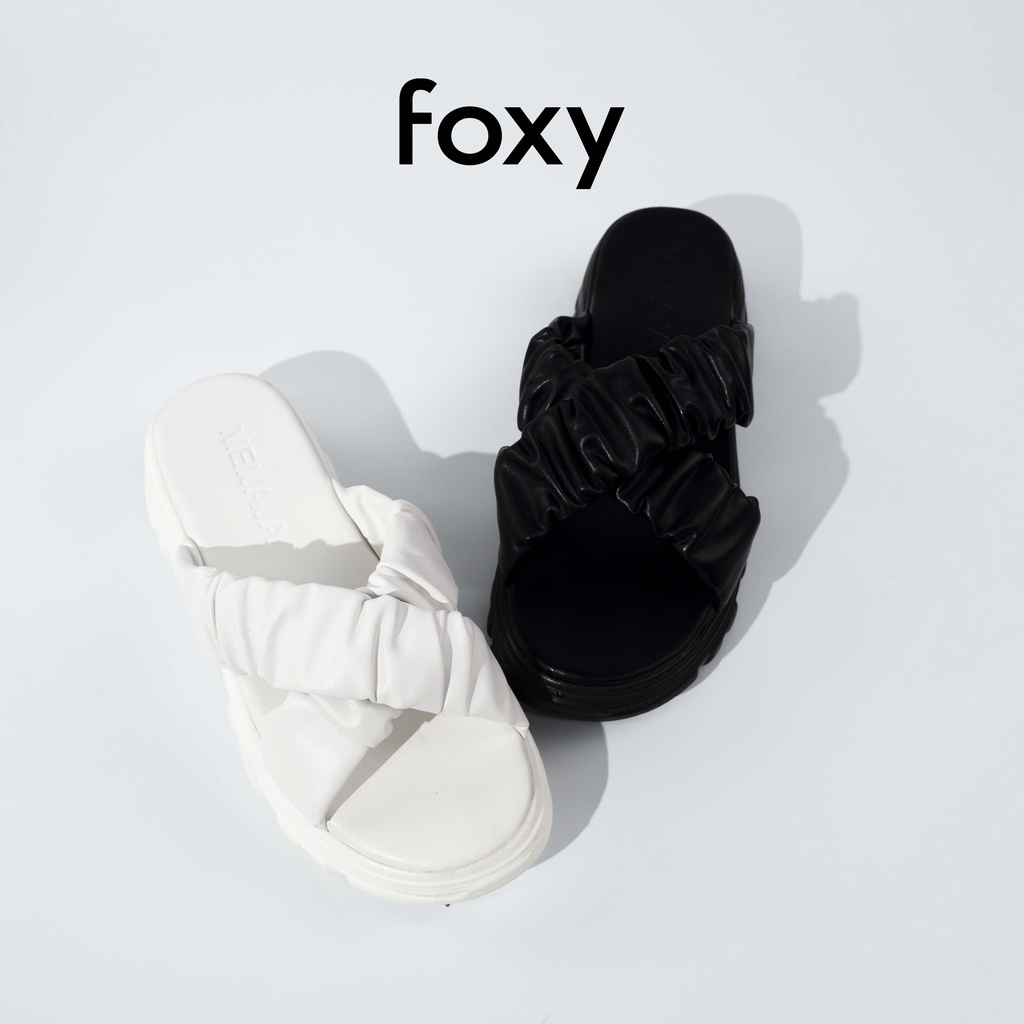 Dép Nữ Quai Chéo Da Nhún Phong Cách Ulzzang Dễ Thương Hai Màu Đen Trắng Basic Foxy - FOM018