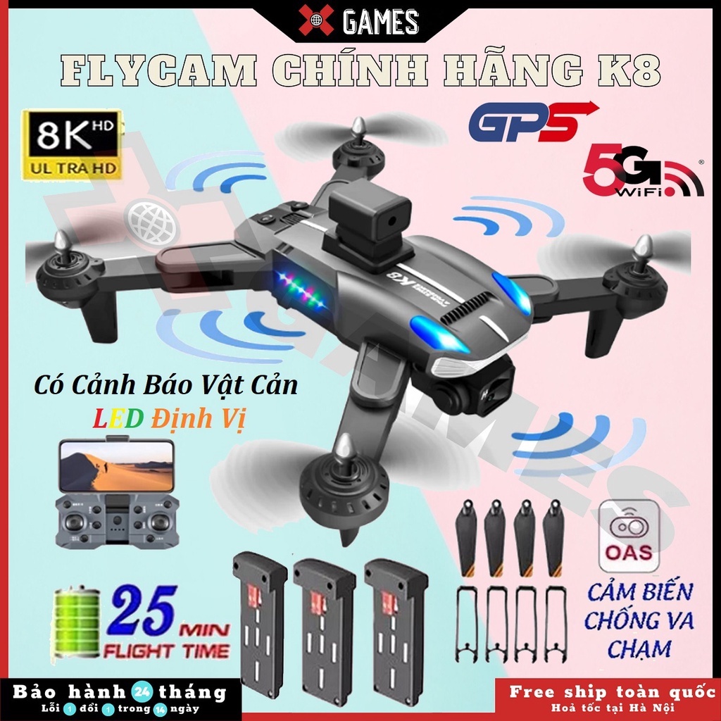 ✨Tặng Full Phụ Kiện✨ Flycam giá rẻ K8 Pro 4K quay phim HD 2 CAMERA góc quay rộng, cảm biến chống va chạm, bay xa 400m