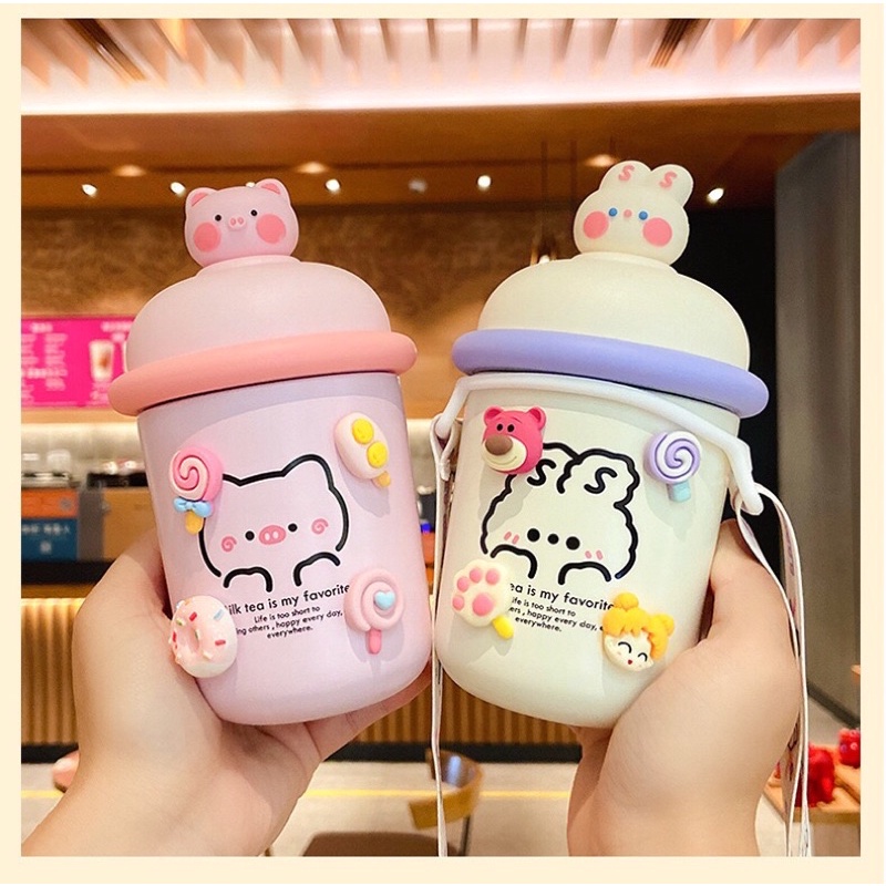 Bình nước giữ nhiệt INOX 3D cute dễ thương có kèm dây đeo cho các bé lớn mang đi học!