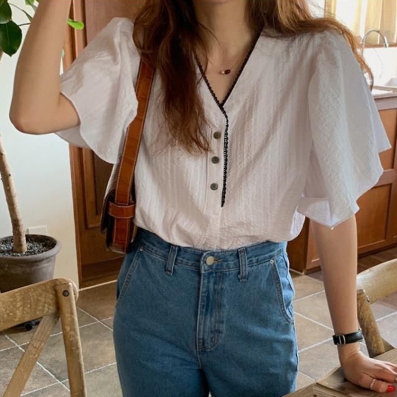 Áo Sơ Mi Cổ V Tay Cánh Dơi Phối Ren Dáng Rộng Thời Trang Mùa Hè Hàn Quốc Mới Cho Nữ