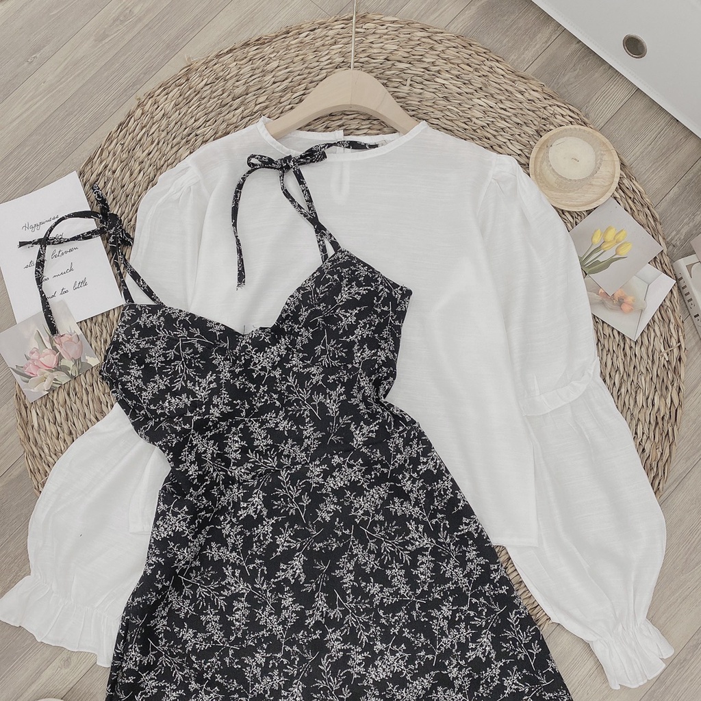 Váy hai dây hoa nhí có cúp ngực mic áo somi tay bồng tiểu thư bánh bèo hàng đẹp có size by Minxxy