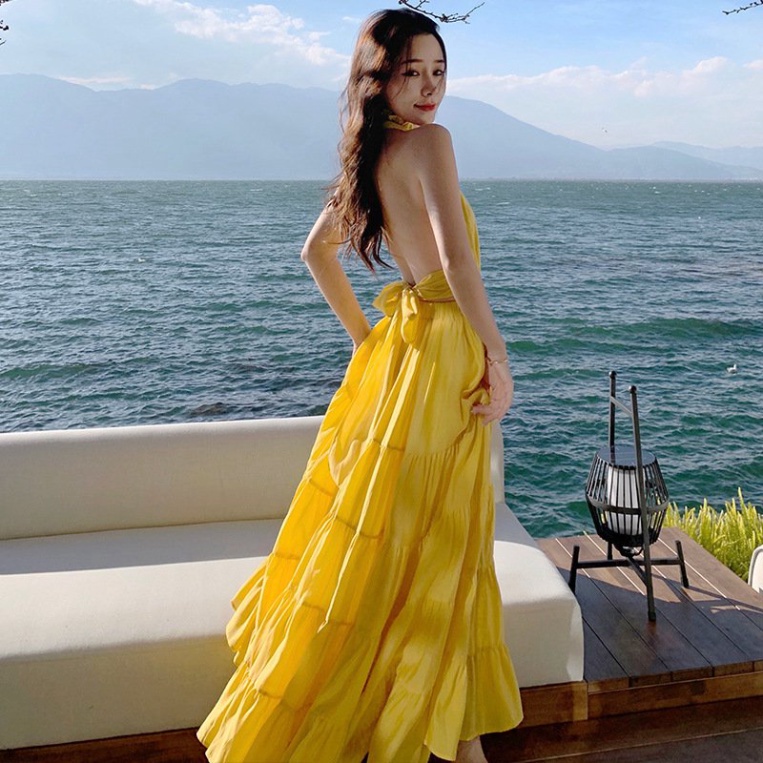 Váy đi biển xòe LUHAZO nữ đẹp maxi 2 dây dáng dài rộng bigsize kiểu Hàn Quốc vintage  babydoll hở lưng 1212 DK1T3