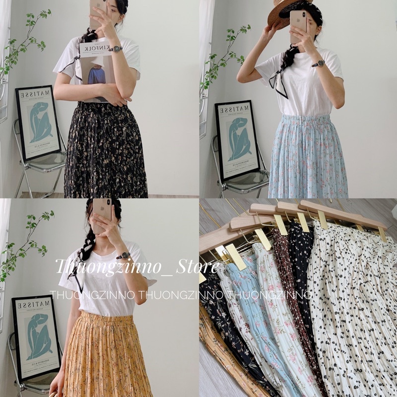 Chân váy hoa xếp li nhỏ Chân váy hoa nhí vintage dáng dài hàng Quảng Châu