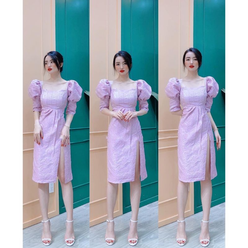 Đầm dự tiệc sang trọng Vải Gấm, tay phồng, xẻ tà (BT052)
