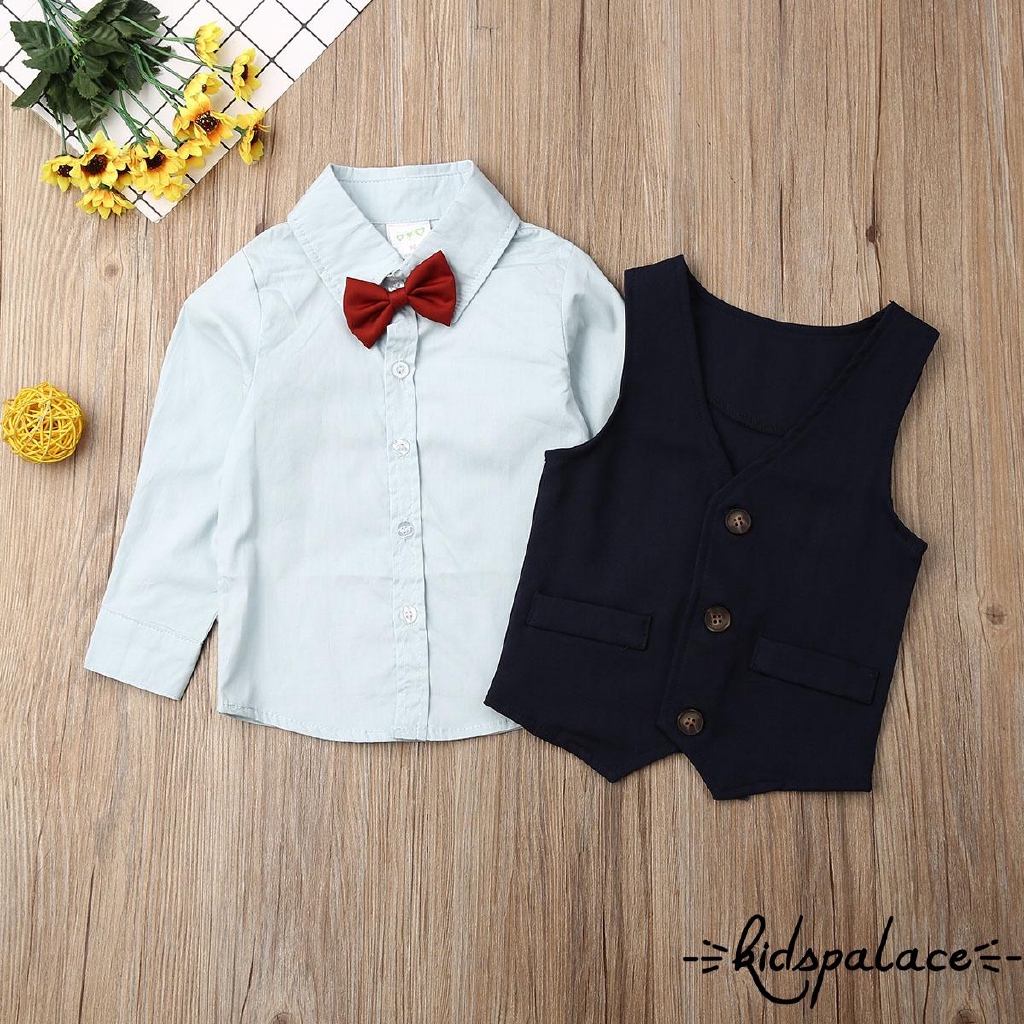 ➤♕❀❤4pcs Kids Baby Clothes Boys Sets Solid Shirts Tops+Vest+Pants Wedding Tuxedo Formal Dressy Suit