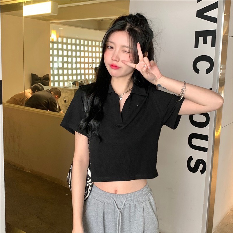 Áo croptop nữ có cổ vải cotton mịn co giãn croptop ngắn tay thun đẹp | BigBuy360 - bigbuy360.vn