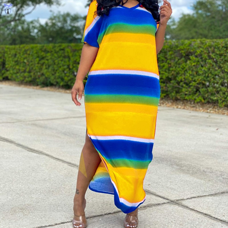 Đầm Maxi Tay Ngắn Cổ Chữ V Họa Tiết Kẻ Sọc Màu Sắc Thời Trang Mùa Hè Cho Nữ