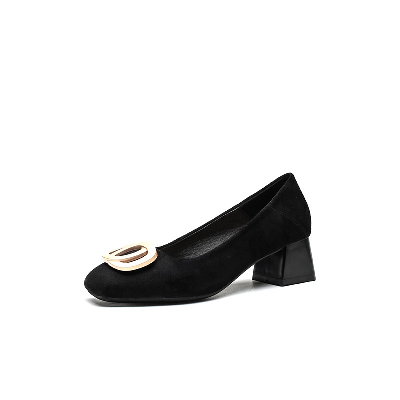 Giày Cao Gót Mũi Vuông Phối Khóa Vuông Phong Cách Pháp