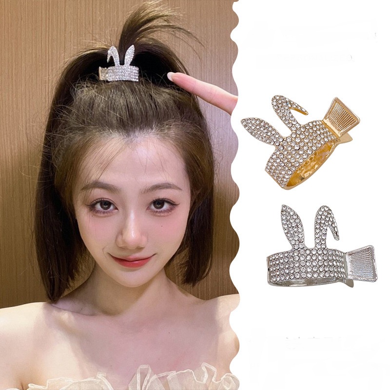 Kẹp tóc kim loại tai thỏ đính đá phụ kiện nữ