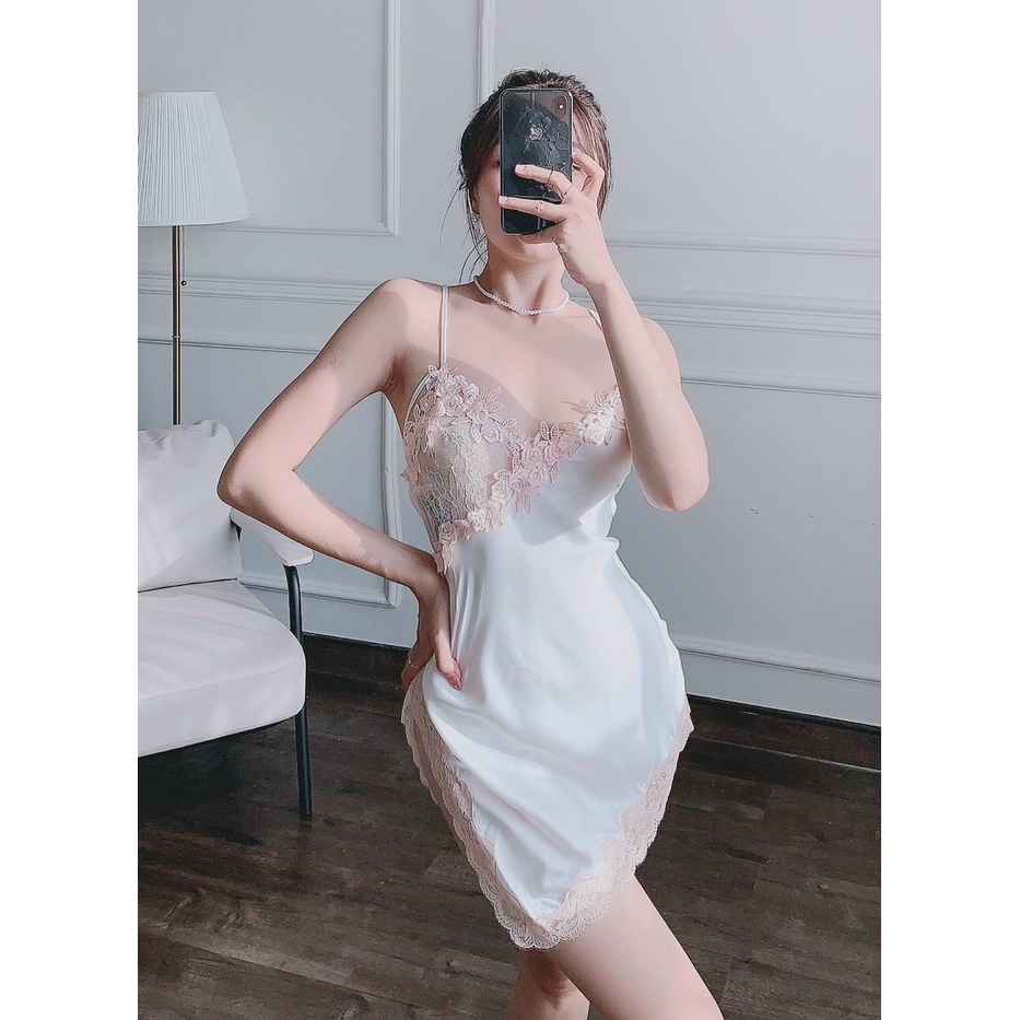 Đầm ngủ nữ hai dây sexy satin cao cấp mềm mịn phối ren Ngực quyến rũ gợi cảm Vạc Chéo MInhduongct