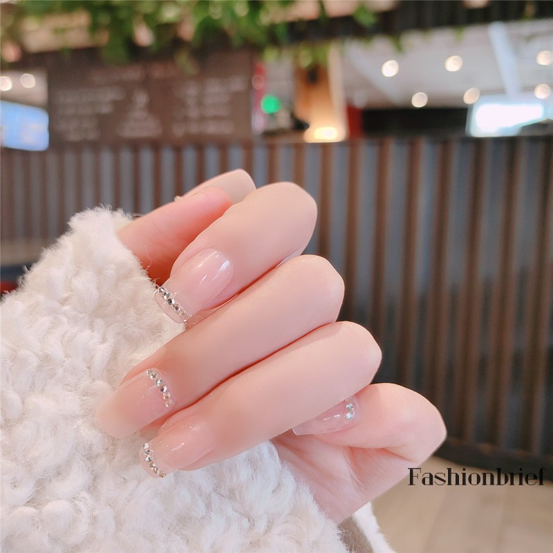 Set 24 móng tay giả màu hồng đính đá trang trí thời trang cho nữ