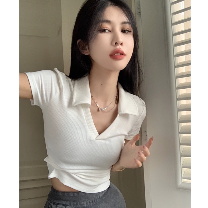 QKOOLE Áo polo  tay ngắn dáng ôm phong cách Hàn Quốc cổ điển thời trang cho nữ