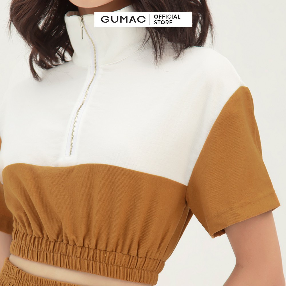 [Mã WABRGUM giảm 10% tối đa 30K đơn 99K] Áo thun croptop nữ tay ngắn phối dây kéo GUMAC màu nâu, đủ size AB319 | BigBuy360 - bigbuy360.vn