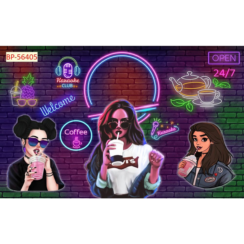 Tranh dán tường Quán Cafe, Trà Sữa, Trang Trí Cửa Hàng 3D tặng keo và dụng cụ dán