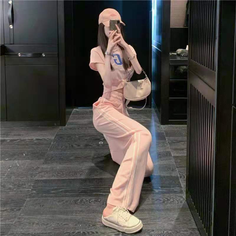 Summer leisure sports suit women's summer new open navel short top + two-piece set of high waist and wide leg pants