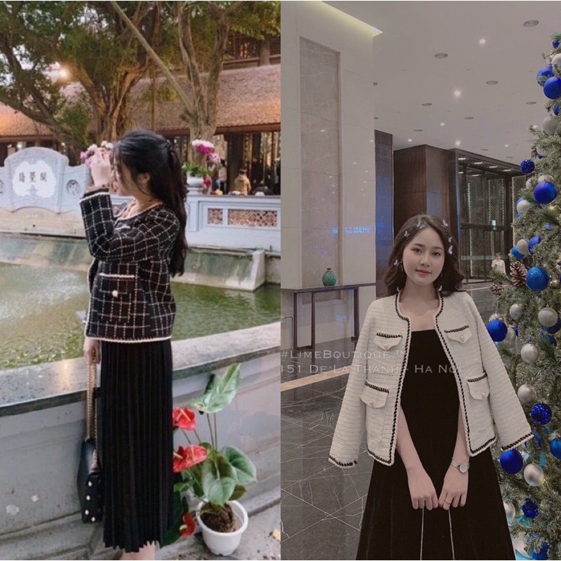 Áo khoác dạ tweed kẻ khuy ngọc dáng dài hàng chuẩn SDD | BigBuy360 - bigbuy360.vn